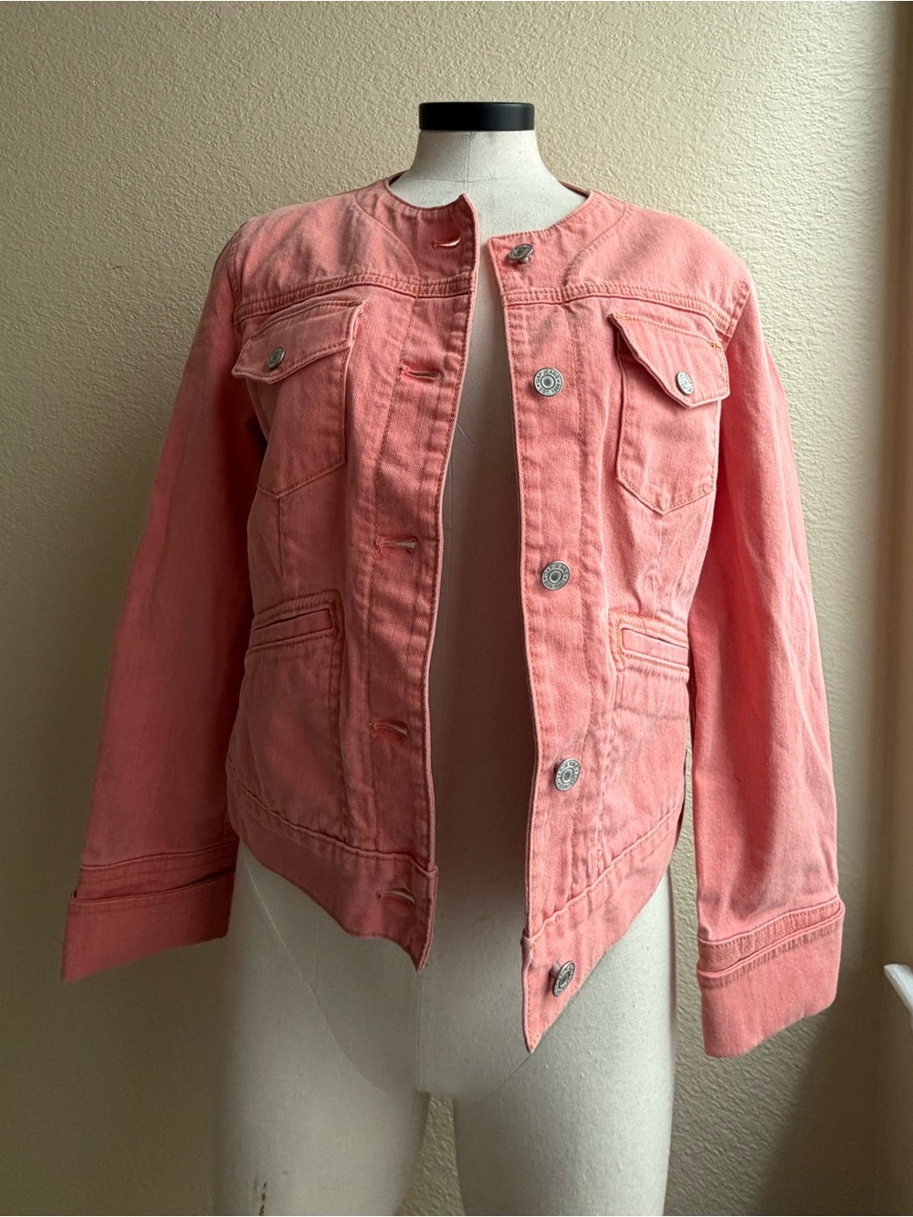 GAP Coral Pink Collarless Denim Jacket